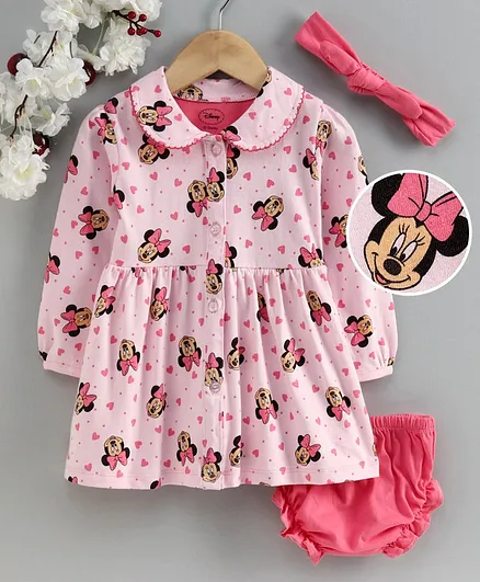 Babyhug Full Sleeves Frock with Bloomer and Headband Minnie Mouse Print - Pink
