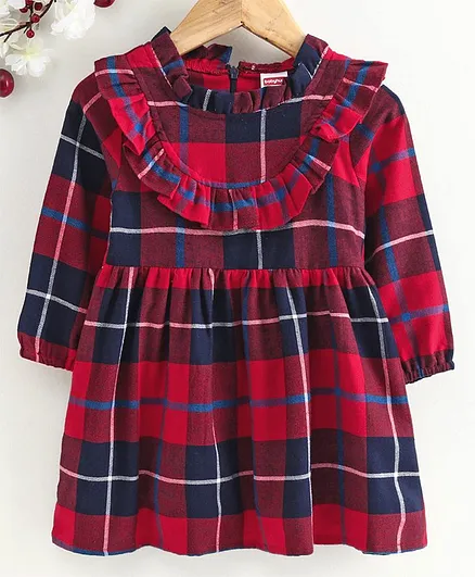 Babyhug Full Sleeves Checked Frock - Red