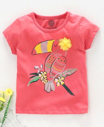 Tambourine Half Sleeves Bird Print & Flower Detailed T-Shirt - Pink