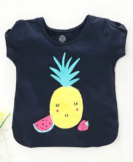 Tambourine Short Sleeves Pineapple Print Top - Navy Blue