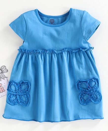Tambourine Cap Sleeves Patch Work Dress - Blue