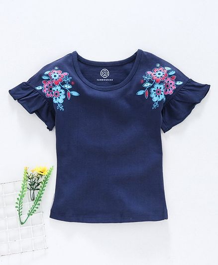 Tambourine Flower Print Half Sleeves Top - Ink Blue
