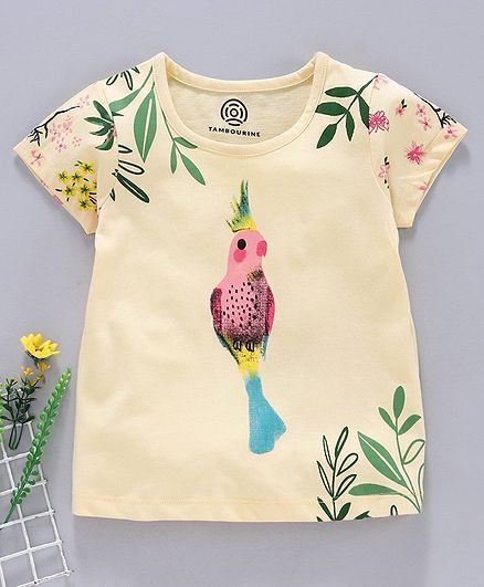 Tambourine Short Sleeves Bird Print T-Shirt - Yellow