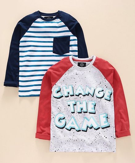 Tambourine Full Sleeves Pack Of 2 Change The World Print T-Shirt - Grey & Blue