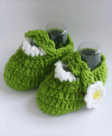 Woonie Flower Design Handmade Booties - Green