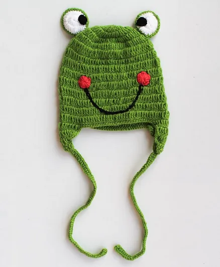 Woonie Frog Pattern Handmade Woolen Beanie Cap - Green