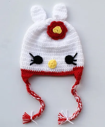 Woonie Kitty & Flower Pattern Handmade Woolen Beanie Cap - White