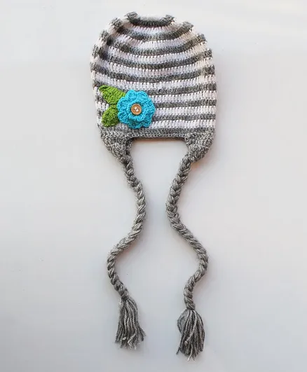 Woonie Flower Design & Striped Handmade Woolen Beanie Cap - Grey