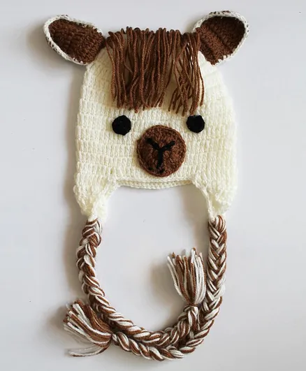 Woonie Horse Pattern Handmade Woolen Beanie Cap - White & Brown