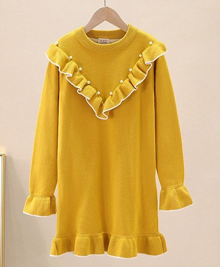 Kookie Kids Full Sleeves Ruffled & Pearl Studded Winter Frock - Mustard Yellow