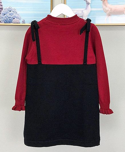 Kookie Kids Full Sleeves Winter Frock - Maroon Black