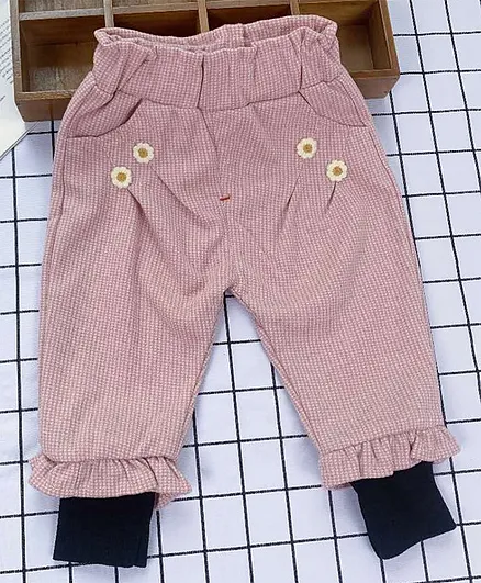 Kookie Kids Full Length Check Lounge Pant Floral Appliques - Pink