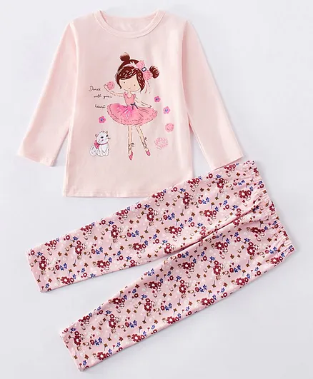 Kookie Kids Full Sleeves Night Suit Girl & Kitty Print - Pink