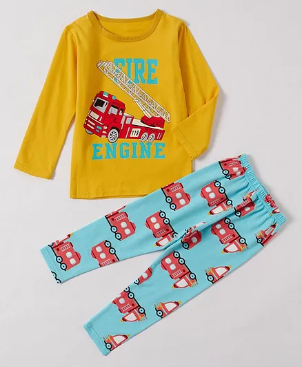 Kookie Kids Full Sleeves Night Suit Fire Engine Print - Yellow