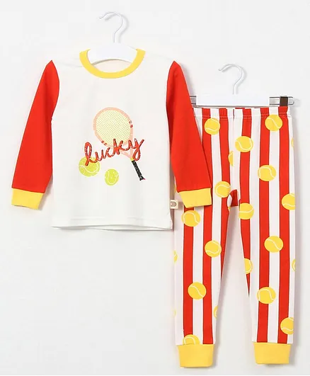 Kookie Kids Full Sleeves Night Suit Text Print - Red
