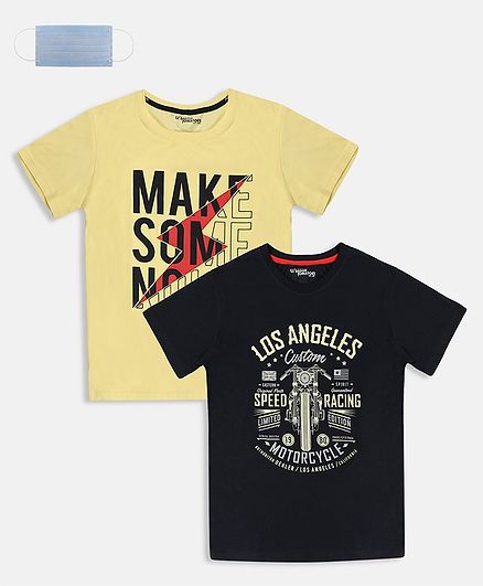 Li'L tomatoes Combo Pack Of 2 Los Angeles Printed T-Shirt With Free 3-Ply Face Mask - Lemon & Black