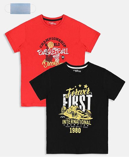 Li'L tomatoes Combo Pack Of 2 Forever First International Printed T-Shirt With Free 3-Ply Face Mask - Red & Navy Blue