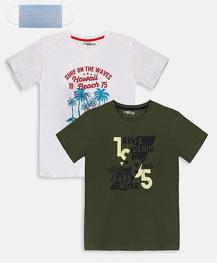 Li'L tomatoes Combo Pack Of 2 1985 Printed T-Shirt With Free 3-Ply Face Mask - White & Olive Green