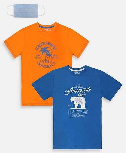 Li'L tomatoes Combo Pack Of 2 American Bear Printed T-Shirt With Free 3-Ply Face Mask - Royal Blue & Orange