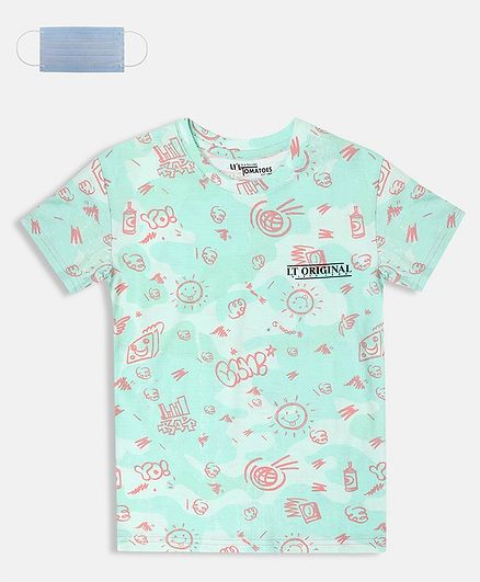 Li'L tomatoes Half Sleeves Sun & Cloud Printed T-Shirt With Free 3-Ply Face Mask - Sea Green