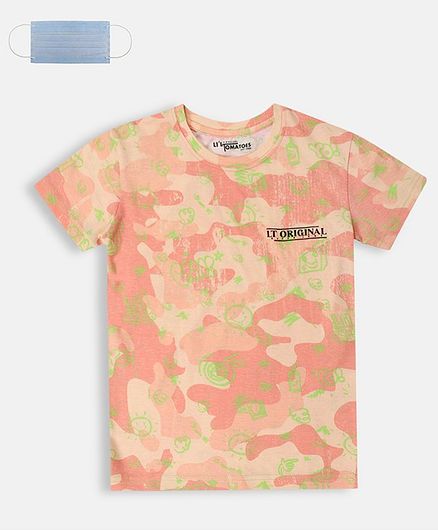 Li'L tomatoes Half Sleeves Sun & Cloud Printed T-Shirt With Free 3-Ply Face Mask - Coral