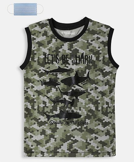 Li'L tomatoes Sleeveless Shark Printed T-Shirt With Free 3-Ply Face Mask - Green