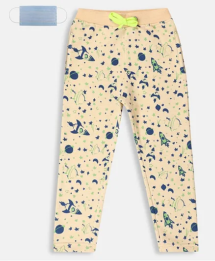 Li'L tomatoes Rocket Printed Full Length Track Pants With Free 3-Ply Face Mask - Peach