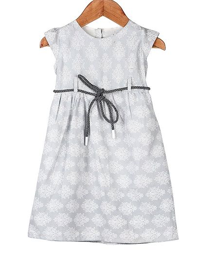 My Meo Cap Sleeves Flowers Printed Dress - Grey