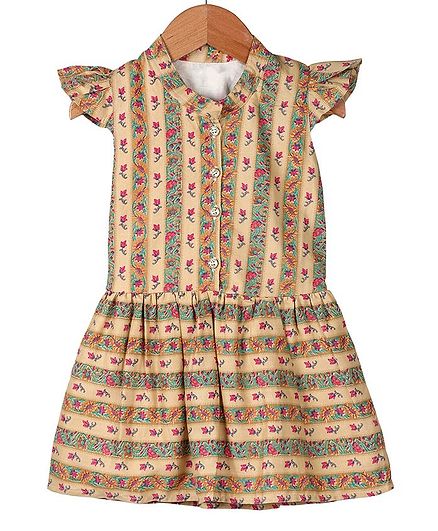 My Meo Cap Sleeves Floral Printed Fit & Flared Dress - Cream