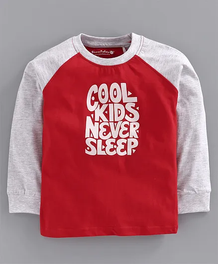 Snowflakes Raglan Full Sleeves Cool Kids Never Sleep Print T-Shirt - Red