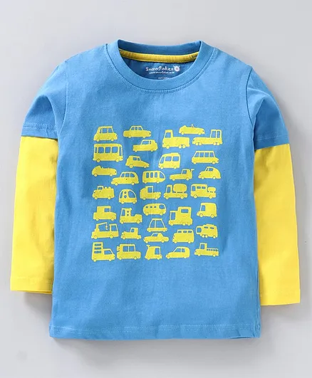 Snowflakes Doctor Style Full Sleeves Vehicle Print T-Shirt - Blue