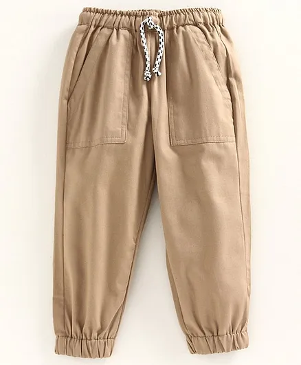 Snowflakes Solid Full Length Front Pocket Cotton Joggers - Khaki