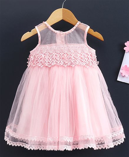 Babyhug Sleeveless Frock Floral Embroidery - Pink