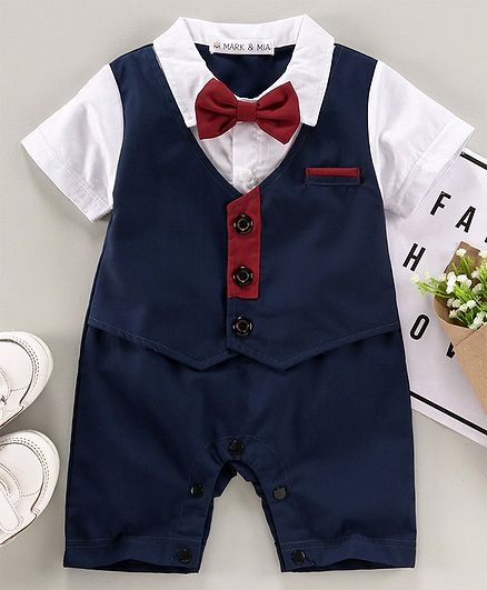 Mark & Mia Half Sleeves Solid Color Party Wear Romper with Bow - Navy Blue