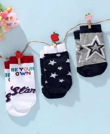 Cute Walk by Babyhug Anti-bacterial Ankle Length Socks Star Design Pack of 3 - White Black