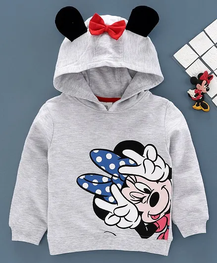 Babyhug Full Sleeves Hooded Sweatshirt Minnie Mouse Print - Light Grey