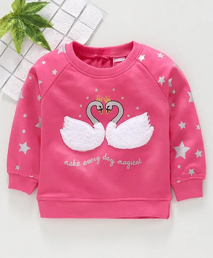 Babyhug Raglan Sleeves Sweatshirt Swan Applique - Pink