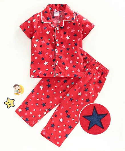 Babyhug Full Sleeves Woven Night Suit Star Print - Red