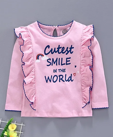 Tambourine Full Sleeves Ruffled Trim Cutest Smile Of The World Print Top - Pink