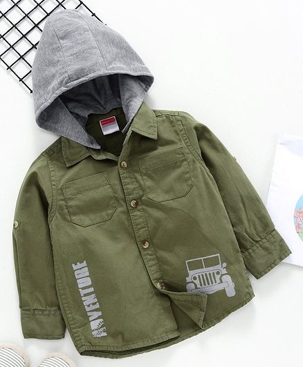 Babyhug Full Sleeves Shirt with Detachable Hood Vehicle Print - Green Grey