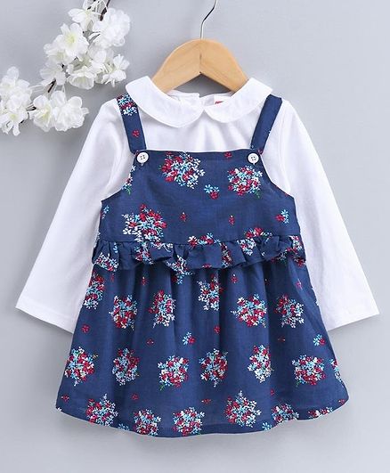 Babyhug Frock with Full Sleeves Inner Tee Floral Print - Navy White