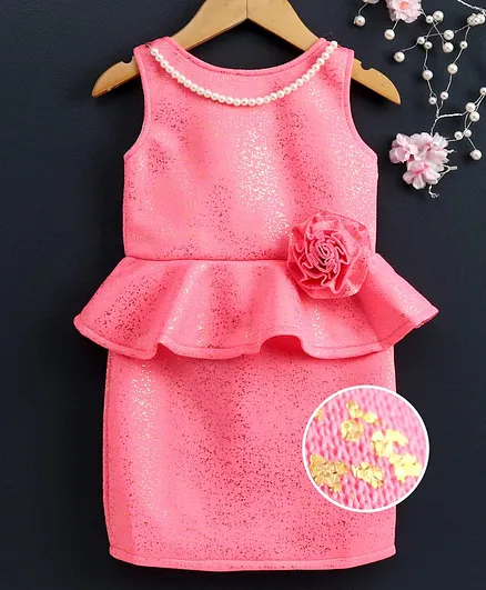 The KidShop Glitter Finish Flower Applique Sleeveless Dress - Pink- Neon Pink