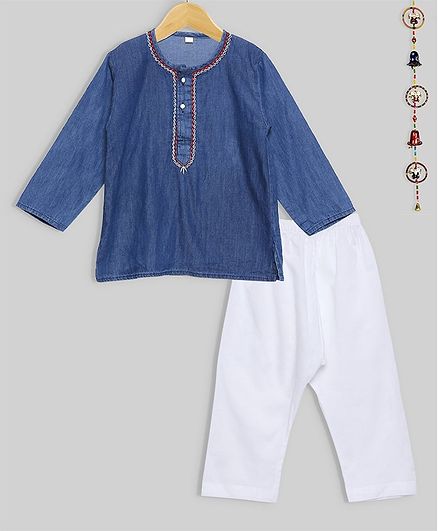 oui oui Solid Full Sleeves Kurta & Pyjama Set - Blue
