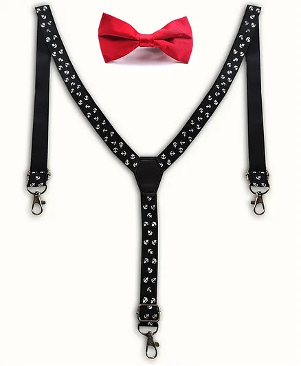 NEO NATIVES Pack of Bow Tie & Anchor Print Detachable Suspenders - Black & Red