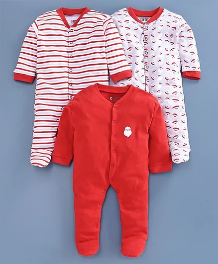 Bumzee Santa Printed Full Sleeves Pack Of 3 Sleep Suits - Red