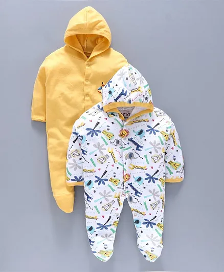 Bumzee Full Sleeves Pack Of Two Zoo Print Sleep Suits - Yellow White