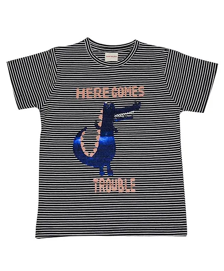 RAINE AND JAINE Half Sleeves Striped Dinosaur Sequined Reversible T-Shirt - Black