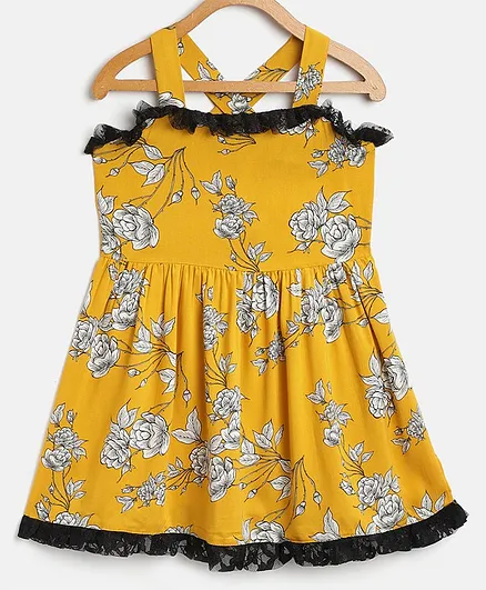 Pspeaches Flower Print Back Criss Cross Sleeveless Dress - Mustard