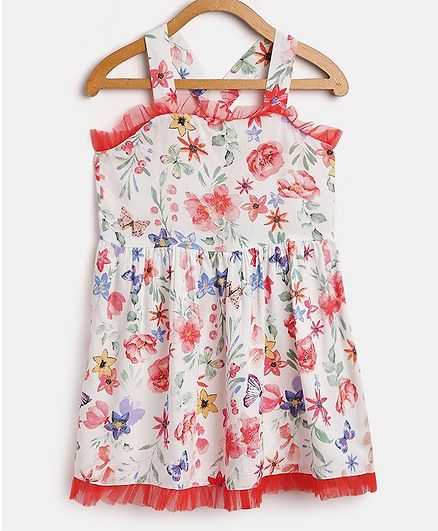 Pspeaches Flower Print Back Criss Cross Sleeveless Dress - Red & White