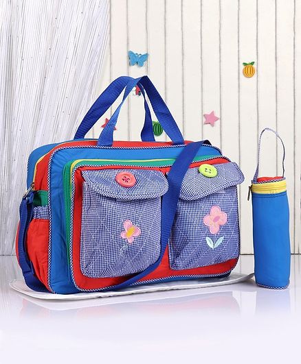 Diaper Bag with Changing Mat & Feeding Bottle Holder Floral Embroidery - Blue Red
